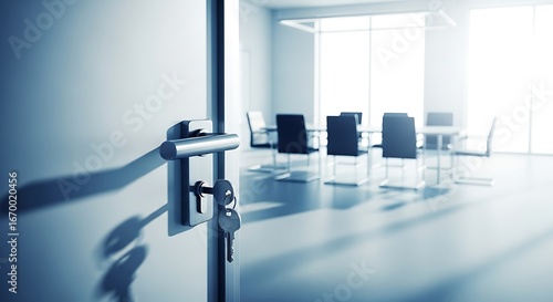 A light-filled modern office conference room, with a door ajar and keys on the handle, is shown.