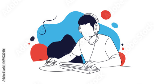 Gamer playing online with headset and keyboard