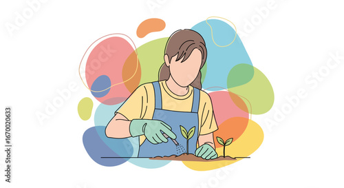 Gardening woman planting seedlings in soil