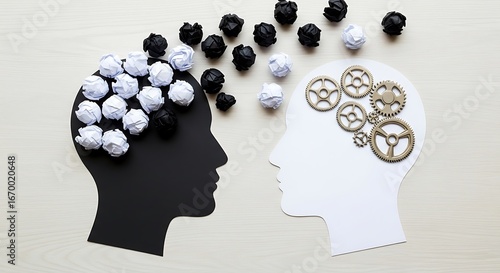 A thought-provoking image of two contrasting mental states, one filled with crumpled paper representing negative thoughts, the other with gears symbolizing a well-organized, productive mindset.