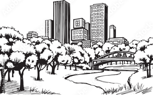 City landscape. Line urban backdrop. Different buildings on street, doodle street draw, outline cityscape hand sketch, flat houses. Hand drawn vector illustration
