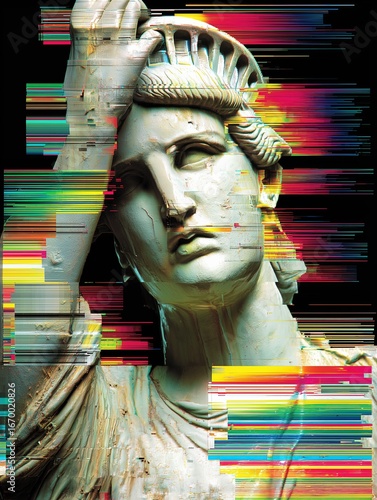 Glitch Art Close-Up of Statue of Liberty: Digital Distortion Abstract