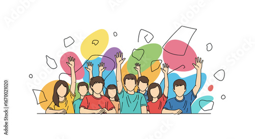 Group of people raising hands, teamwork, education concept