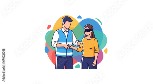 Guide assisting blind person, support, care, help