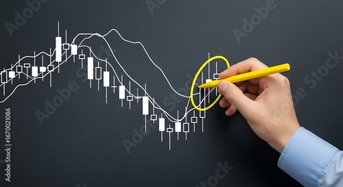A hand highlights a key point on a complex financial chart, showcasing a critical analysis moment.