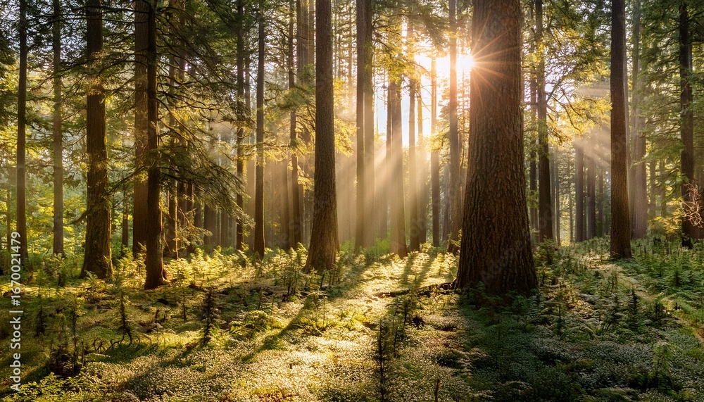 Naklejka premium sunlight filtering through a dense forest creating a stunning natural display the tall trees are bathed in warm sunlight creating a sense of depth and tranquility