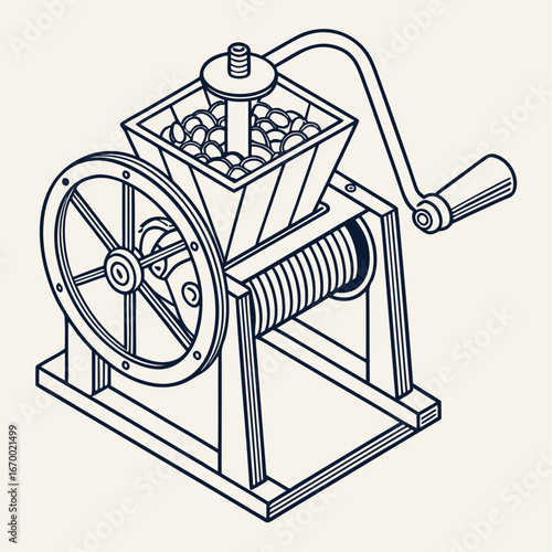 Vintage berry crusher machine with crank and wheel, detailed line art illustration