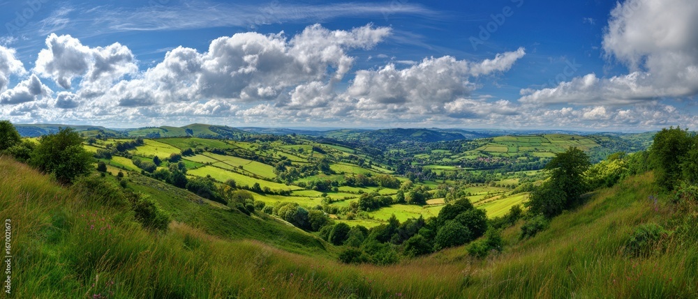 Fototapeta premium The Rolling Hills of a Lush Green Countryside Under Dramatic Blue Sky