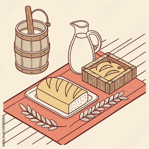 Freshly baked bread and dairy products ready for a delicious and wholesome rustic meal