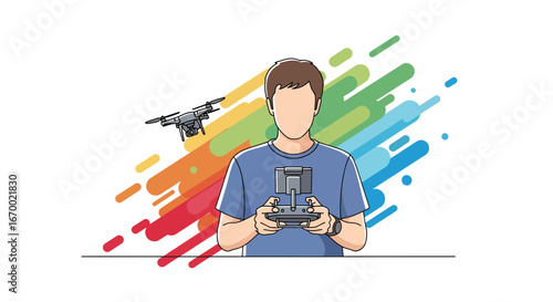 Man flying drone, remote control, colorful background