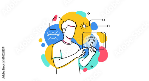 Man interacting with tablet, solar energy, technology concept