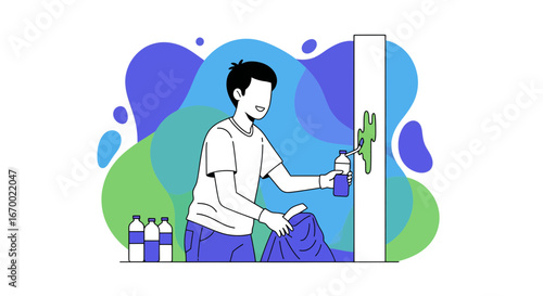 Man painting pillar with green foliage, casual style