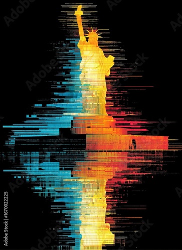 Glitch Art of Statue of Liberty: Mirror Distortion Digital Illustration