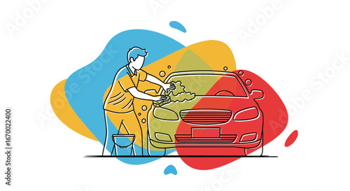 Man washing car, soapy bubbles, automotive cleaning