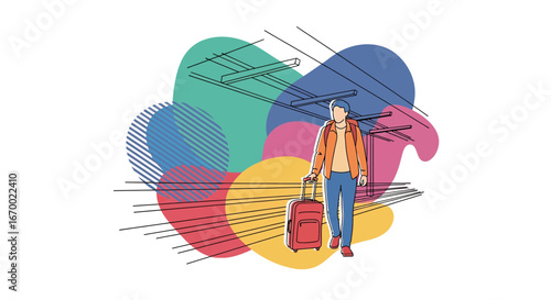 Man with Suitcase Walking in Modern Airport Terminal