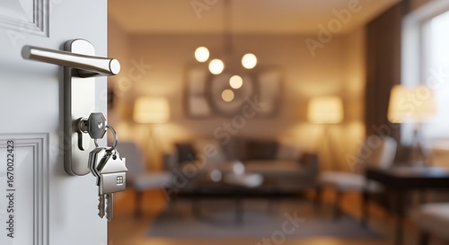 A set of house keys hanging from a doorknob, with a softly blurred background of a modern living room, creates an inviting image of new beginnings and homeownership.