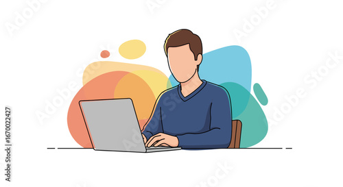 Man working on laptop at desk, modern workspace