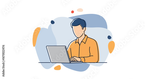Man working on laptop, modern workspace, online activity