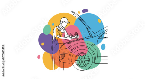 Mechanic repairing car engine with wrench outline style