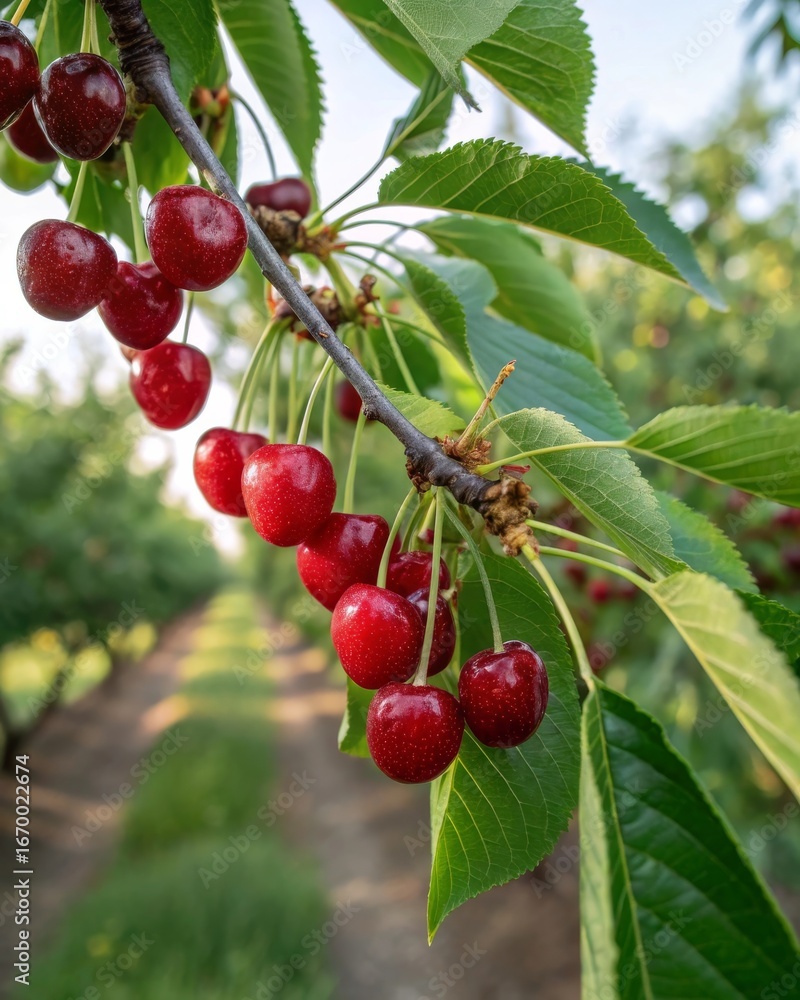 Fototapeta premium Juicy red cherries hanging from a slender tree branch glossy skin reflecting sunlight in a lush orchard nature's bounty displayed in a vibrant environment