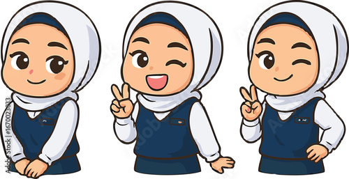 Cute Muslim girl wearing hijab and uniform making peace signs, happy and cheerful
