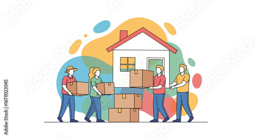 Moving house, people carrying boxes, new home concept