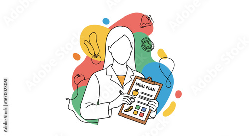 Nutritionist presenting meal plan with healthy food elements