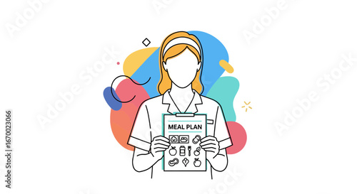 Nutritionist presenting meal plan with healthy food icons