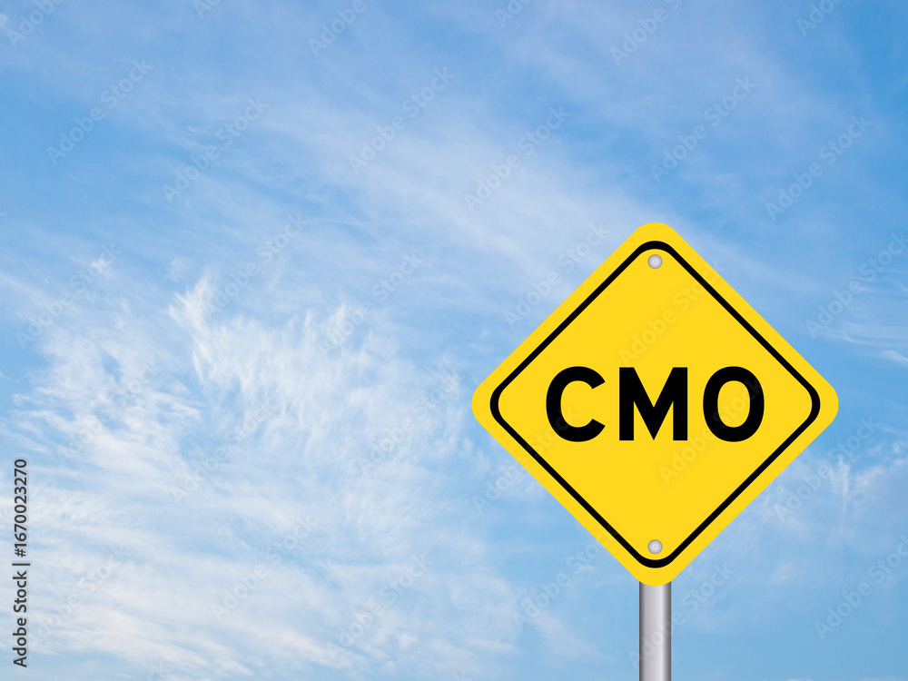 Fototapeta premium Yellow transportation sign with word CMO (Abbreviation of Chief Marketing Officer, Contract Manufacturing Organization) on blue color sky background