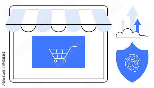Shopping cart on storefront, fingerprint shield for security, and upward arrows for growth. Ideal for e-commerce, online shopping, security, protection, business growth, cloud usage simple flat