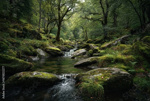 Serene forest scene with flowing stream surrounded by lush green moss and tall trees