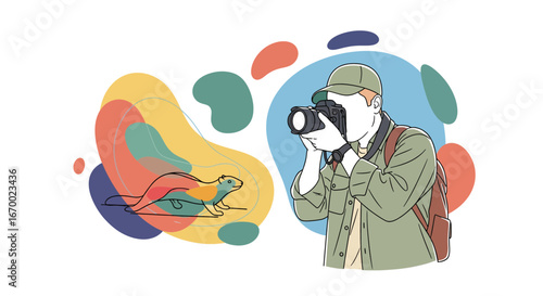 Photographer capturing wildlife outline in colorful abstract style