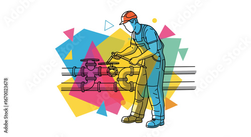Plumber working on pipes with colorful abstract background