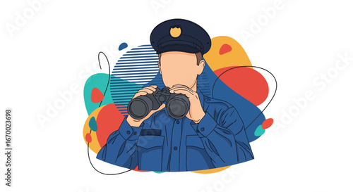 Police officer using binoculars, security, law enforcement