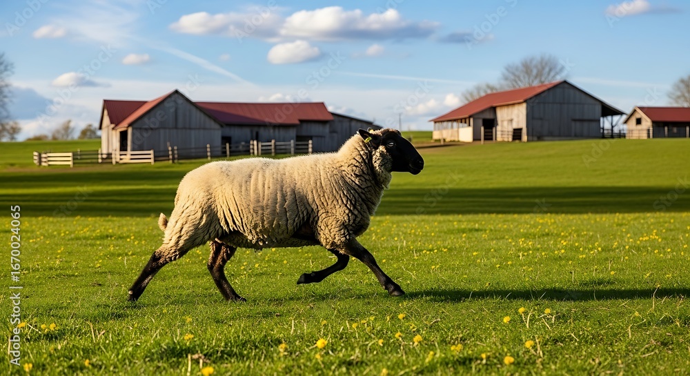 Obraz premium Ram Running in Green Pasture on a Farm.