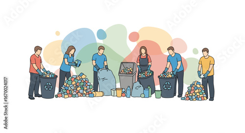 Recycling volunteers sorting waste materials for environmental cleanup