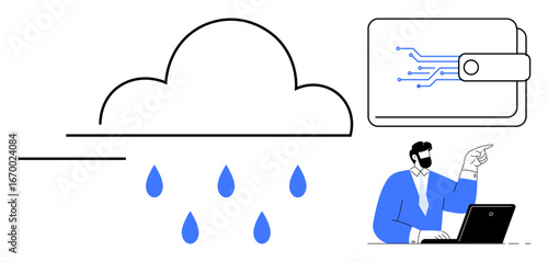 Cloud with raindrops, digital wallet illustration, professional pointing while using laptop. Ideal for technology, innovation, data storage, business solutions, remote work, fintech digital economy