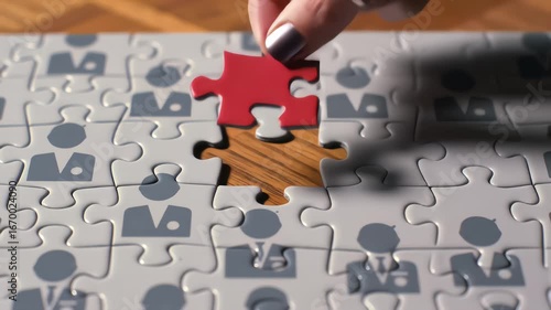 Woman's Hand Placing the Final Piece in a Business Team Puzzle