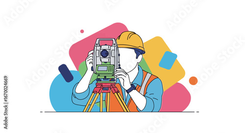 Surveyor using theodolite equipment for construction work