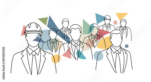 Teamwork outline figures business professionals construction workers