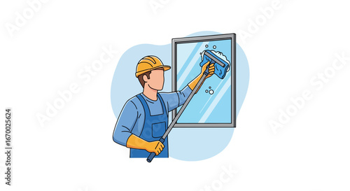 Window cleaning worker with squeegee tool