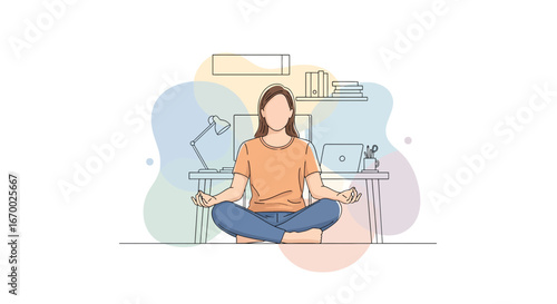 Woman meditating at desk, mindfulness, work life balance