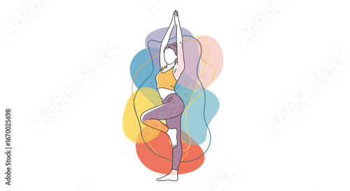 Woman practicing yoga pose with colorful abstract background