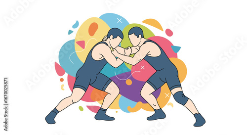 Wrestling match between two athletes in a colorful style