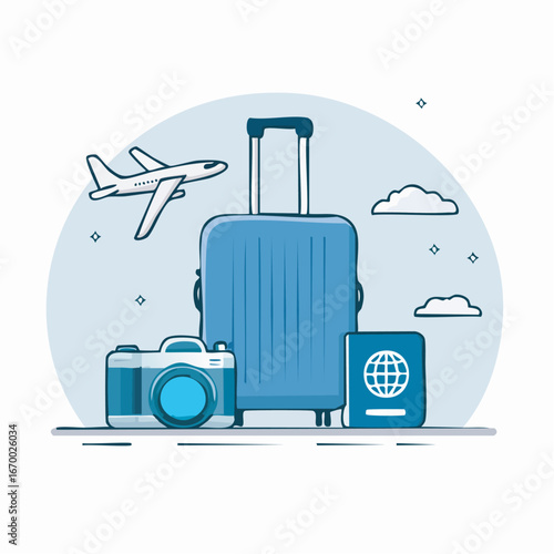 Blue suitcase stands with camera and passport as airplane flies overhead, representing travel and adventure, creating a sense of wanderlust.