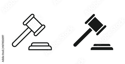 Judge gavel icon set in outline and silhouette style  represents law, decision-making, and regulation