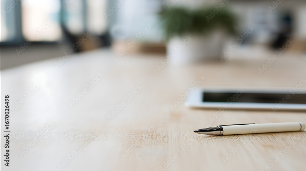 Fototapeta premium Sleek modern pen on light bamboo desk in creative studio workspace with natural daylight and design tablet. Minimalist creative environment for inspiring and focused design work.