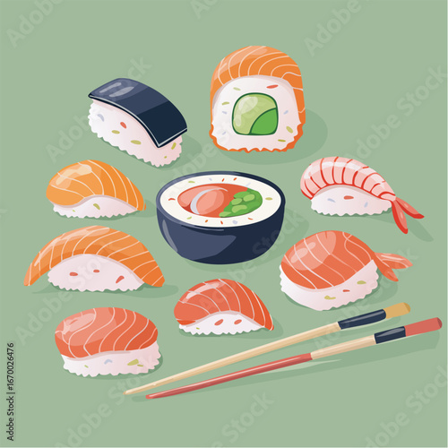 Assorted sushi pieces arranged on light green surface offering delicious japanese cuisine experience, perfect for food lovers.