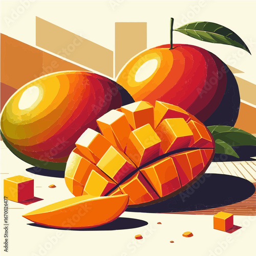 Digital vector-style illustration of ripe mangoes on a table 2