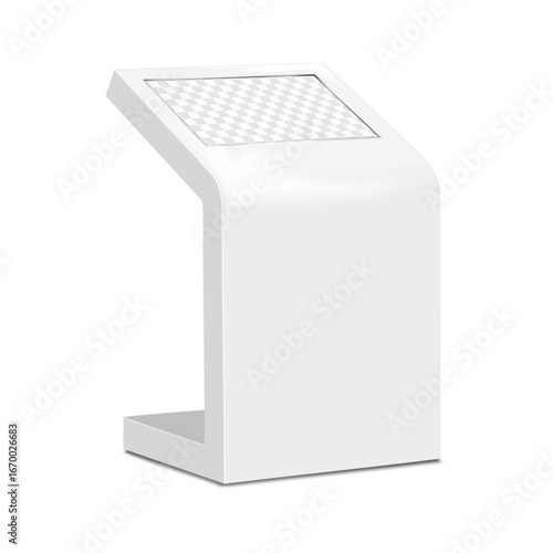 Blank white floor interactive touch screen self-service kiosk on metal base. 3d mockup. Touchscreen digital retail display. Realistic vector mock-up. LCD computer monitor stand. Easy editable template